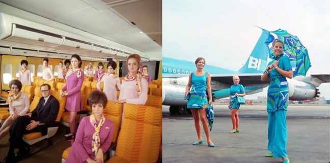 Airline attendants pose for a photo circa 1968 and 1973 Left: Pucci III “Classic” Hostess Uniforms, c. 1968 Right: Pucci IV Hostess Uniforms, c. 1973